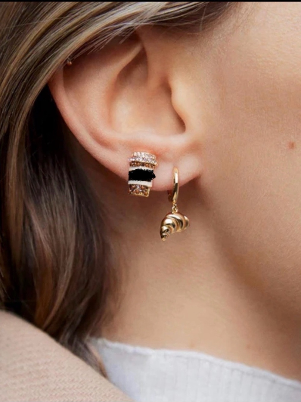 Trendy Espresso and Croissant  Cubic Zirconia Novelty Stud Earrings Set 2 NEW